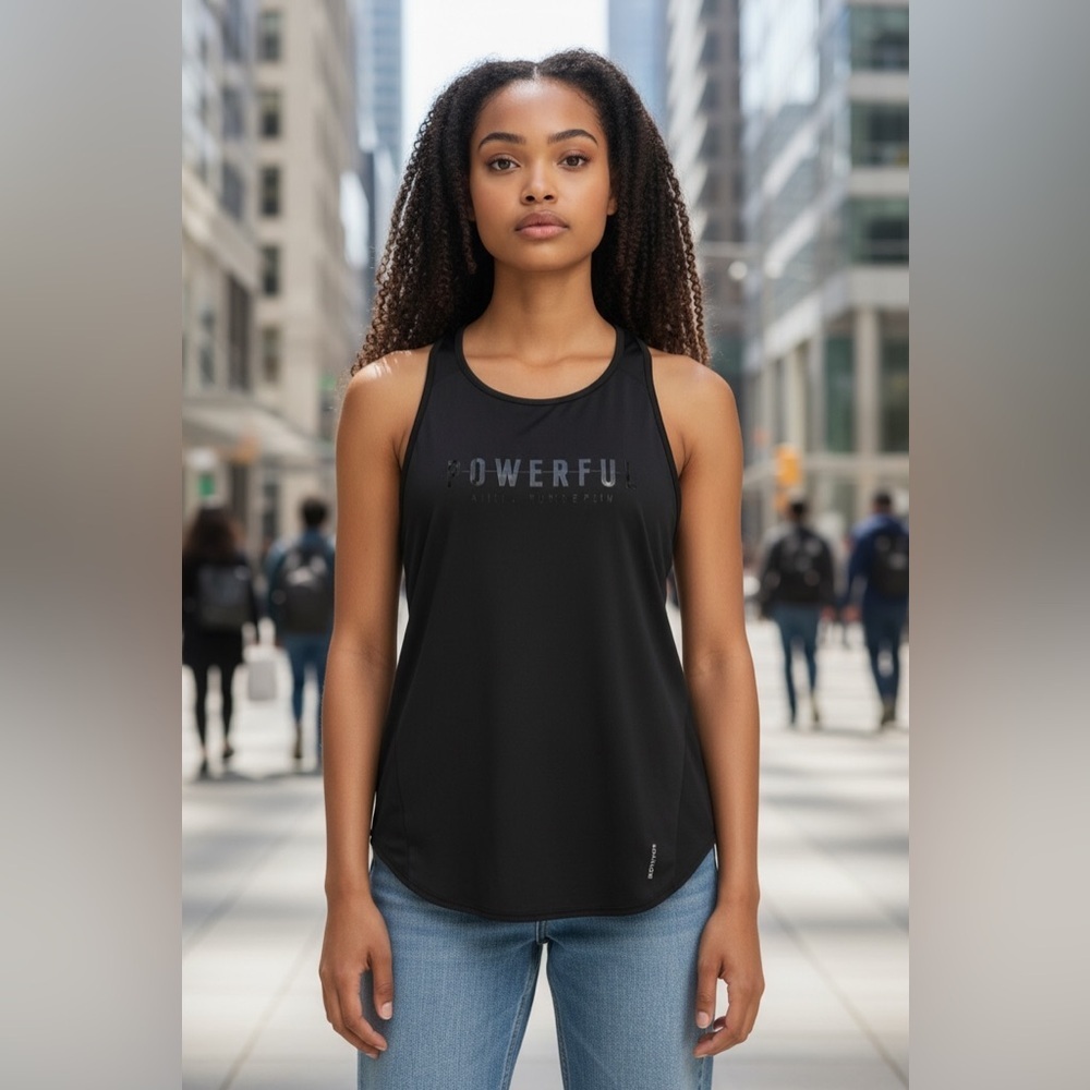 Black “POWERFUL” Workout Tank Top – Domyos by Decathlon – Size M